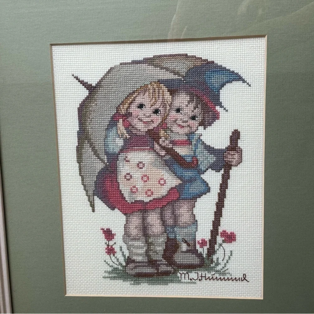 M.I. Hummel Cross Stitch Needle Point Framed Art Rare Vintage Wall Hanging Decor